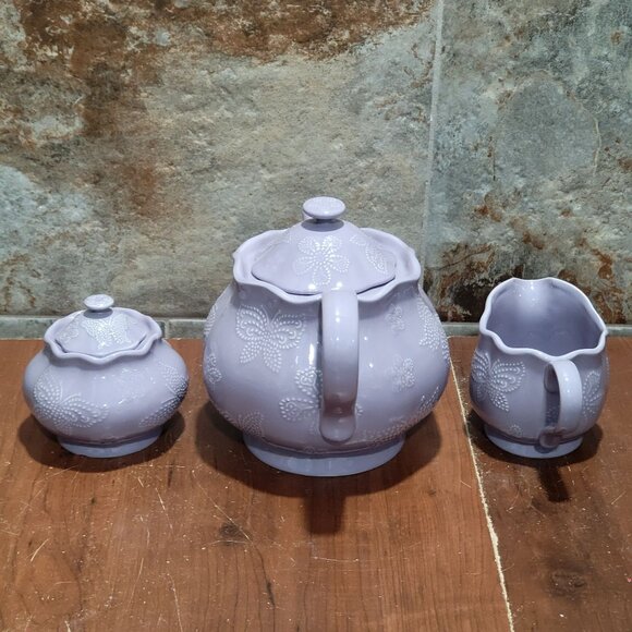 Temptations Lavendar Lilac Tea Set Teapot Sugar Bowl Creamer Embossed Butterfly - Picture 4 of 15